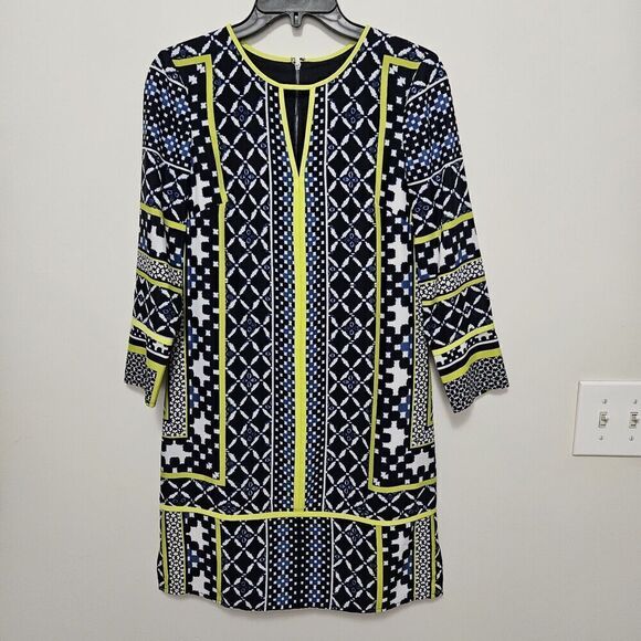 Vince Camuto Keyhole Dress Navy and white Geo Print Neon green trim SZ 2 lined - Picture 1 of 9